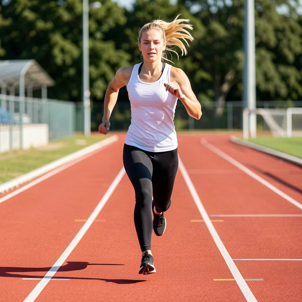 Plain T2I generation of the woman on a running track: the illustrated reference style is absent